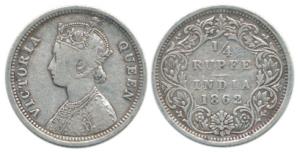 Victoria Queen, Silver ¼ Rupee, 1862. Very Fine.