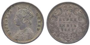Victoria Queen, Silver ¼ Rupee, 1862, Bombay Mint, A / I. About Uncirculated.