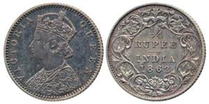 Victoria Queen, Proof Silver ¼ Rupee, Mule, obv. mature bust, plum face, 1862. Proof Restr
