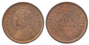 Victoria Empress, Copper ½ Pice, 1885. Uncirculated, Rare.
