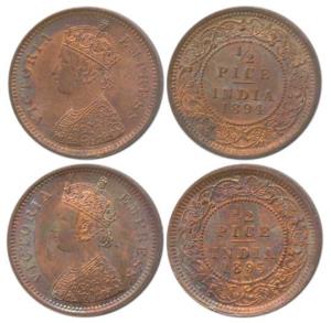 Victoria Empress, Copper ½ Pice, 1894 and 1895, Calcutta Mint. About Uncirculated, Rare in