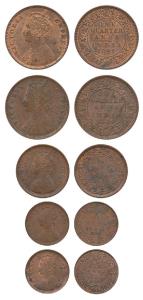 Victoria Empress, Copper ¼ Anna (2), 1890, 1892; ½ Pice, 1894; 1/12 Anna (2), 1898, 1901. 