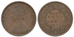Victoria Empress, Copper ½ Anna, 1877. Very Fine.