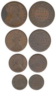 Victoria Queen, Original Copper Pattern set of 4, ½ Anna, ¼ Anna, ½ Pice and 1/12 Anna, 18