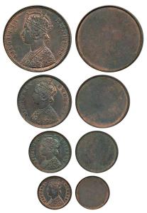 Victoria Empress, Original Copper Uniface of all obverses, set of 4, ½ Anna, ¼ Anna, ½ Pic