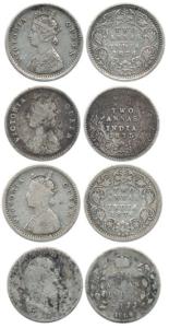 Victoria Queen, Silver 2 Annas, 1874, 1875 and 1876; Edward VII, Silver 2 Annas, 1909. Abo