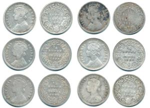 Victoria Queen and Empress, Silver ¼ Rupee (6), 1876, 1877, 1883, 1885, 1886 and 1898. Fin