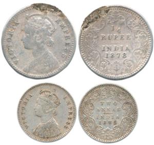 Victoria Empress, Silver ¼ Rupee and 2 Annas, 1878 and 1885. Edge corrosion at top, Fine t