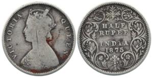 Victoria Queen, Silver ½ Rupee, 1875, Calcutta Mint, A / I, No mint mark. Fine+, Scarce.