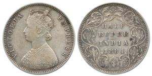 Victoria Empress, Silver ½ Rupee, 1884, Bombay Mint, A / II, No mint mark. Very Fine, Rare