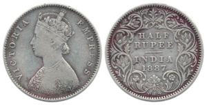 Victoria Empress, Silver ½ Rupee, 1887, Calcutta Mint, A / I / ’C’ incuse. Fine+.