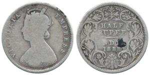 Victoria Empress, Silver ½ Rupee, 1888, Calcutta Mint, A / I / ’C’ incuse. Fine+, Scarce.