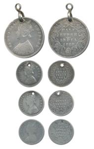 Victoria Queen and Empress, Silver ½ Rupee, 1888; 2 Annas (3), 1862, 1876 and 1888. All pi