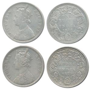 Victoria Queen and Empress, Silver Rupee (2), 1875, Bombay Mint, A2 / II / dot; 1878, A3 /