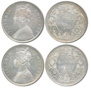 Victoria Empress, Silver Rupee (2), 1877, A3 / II / dot; 1878, A3 / I / Dot. Nice mint lus