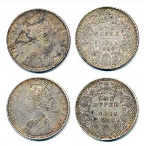 Victoria Empress, Silver Rupee, 1883, A3 / I / ’B’ raised; 1892, C2 / I / ’B’ raised. Very