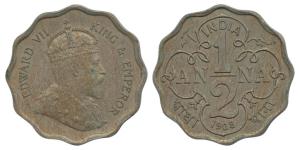 Edward VII, Cupro-Nickel ½ Anna, Pattern, 1908, obv. crowned bust of the king to right; re