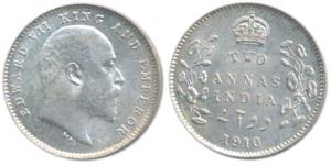 Edward VII, Silver 2 Annas, 1910, Calcutta Mint. Brilliant Uncirculated, Rare.