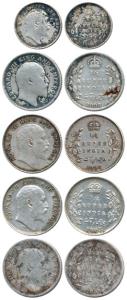 Edward VII, Silver ¼ Rupee, 1903, 1905, 1907 and 1908; 2 Annas, 1903. Fine+ to Very Fine+,