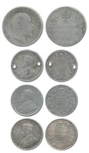 Edward VII, Silver ¼ Rupee, 1908; George V, Silver 2 Annas, 1913, 1916 and 1917. Fine to V