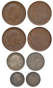 Edward VII, Silver (2), ¼ Rupee and 2 Annas, 1910; Copper ¼ Anna (2), 1903. Extremely Fine