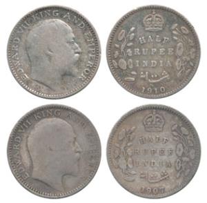 Edward VII, Silver ½ Rupee (2), 1907 and 1910, Bombay Mint. Fine+, Scarce. (2)