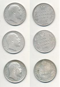 Edward VII, Silver Rupee (3), 1904, 1906 and 1907. Very Fine to Extremely Fine. (3)