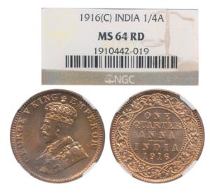 George V, ¼ Anna, 1916, Calcutta Mint. Slabbed in NGC holder graded as MS 64 RD, Very Rare
