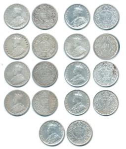 George V, Silver ¼ Rupee (9), 1912, 1913, 1916, 1917, 1918, 1919, 1928, 1934 and 1936. Fin