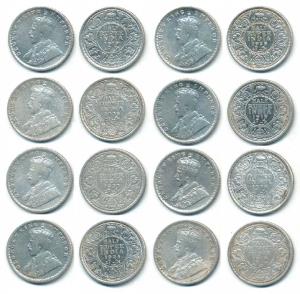 George V, Silver ½ Rupee (8), 1913, 1918, 1919, 1923, 1924, 1925, 1928 and 1936. Fine+ to 