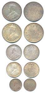 George V, Silver ½ Rupee (2), 1928, 1936; ¼ Rupee (2), 1912, 1936; 2 Annas, 1915. Extremel