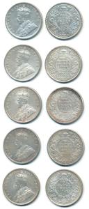 George V, Silver Rupee (5), 1915, 1916, 1917, 1919 and 1920. Very Fine+ to About Uncircula