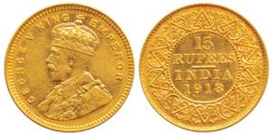 George V, Gold 15 Rupees, 1918, Bombay Mint, (KM 525). About Extremely Fine, Very Rare.