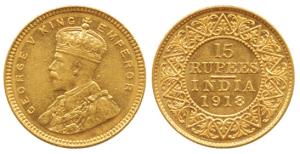 George V, Gold 15 Rupees, 1918, Bombay Mint, (KM 525). Very Fine+, Very Rare.