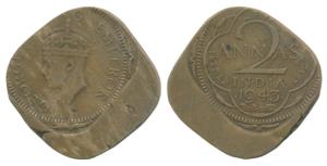 George VI, Brass 2 Annas 1943, Error, 25% off-center on both sides. Very Fine+, Rare.