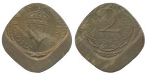George VI, Brass 2 Annas 1943, Error, 25% off-center on both sides. Extremely Fine, Rare.