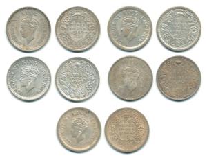 George VI, Silver ¼ Rupee (5), 1940, 1942, 1943, 1944 and 1945. Fine+. (5)