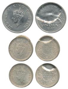 George VI, Half Silver ¼ Rupee and Cupro-Nickel ½ Rupee, Error, the planchet defaced in a 