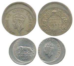 George VI, Half Silver ½ Rupee and Cupro-Nickel ¼ Rupee, Error, 20% off-center on both sid