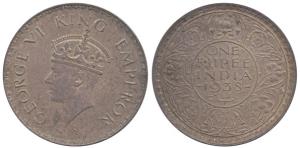 George VI, Silver Rupee, 1938, Bombay Mint, without dot. Nice brown toning, About Uncircul