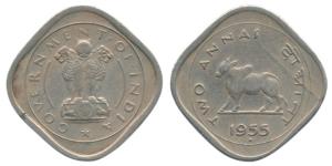 Anna Series, Cupro-Nickel, 2 Annas, 1955, Bombay Mint. About Extremely Fine, Very Rare.