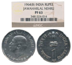 Proof Cupro-Nickle Rupee, 1964, Jawaharlal Nehru. Slabbed in NGC holder graded as PF63, Ra