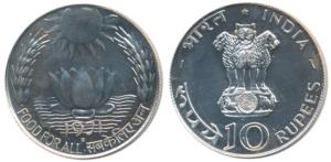 Silver Rupees 10, 1970, Bombay Mint, Food for All. Proof, but without casing.