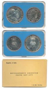 1975 Uncirculated Set, Equality Development and Peace, set of 2, Rupees 10 and 50. In imma