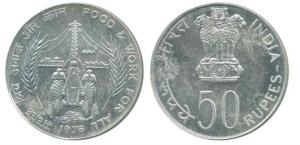 Silver Rupees 50, 1976, Work For All. Uncirculated.