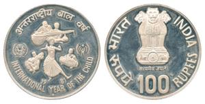 Silver Rupees 100, 1981, International Year of the Child, Bombay Mint. Proof, Rare.
