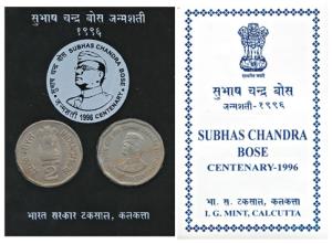1996 Collector’s Pack, Subhash Chandra Bose Centenary, Rupees 2 (2), Calcutta Mint. Packed