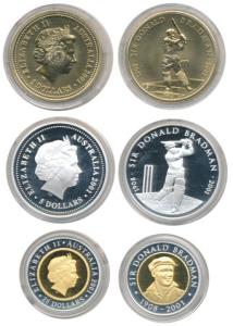 Australia, Sir Donald Bradman, set of 3 Proof, Silver $5, 31.1g; Bi-metal Gold and Silver 