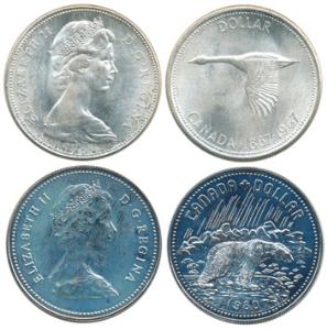 Canada, Elizabeth II, Silver Dollar (2), 1967 and 1980; Goose and Bear respectively. The f