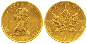 Canada, Gold $50, 1oz, 31.1g, Maple leaf on rev., 1987. Uncirculated.